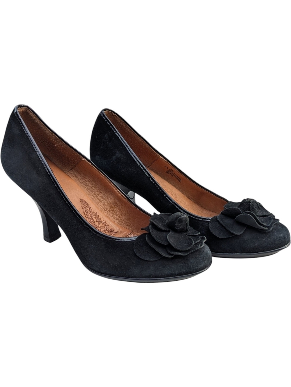 Sofft Black Suede Flower Accent Mid Heel Pumps